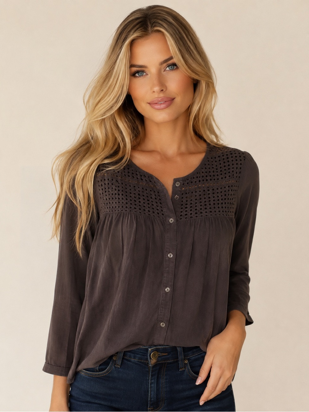 Eddie Bauer Crochet‎ Boxy Blouse Button Up Cottagecore Coquette Modesty Top Boho